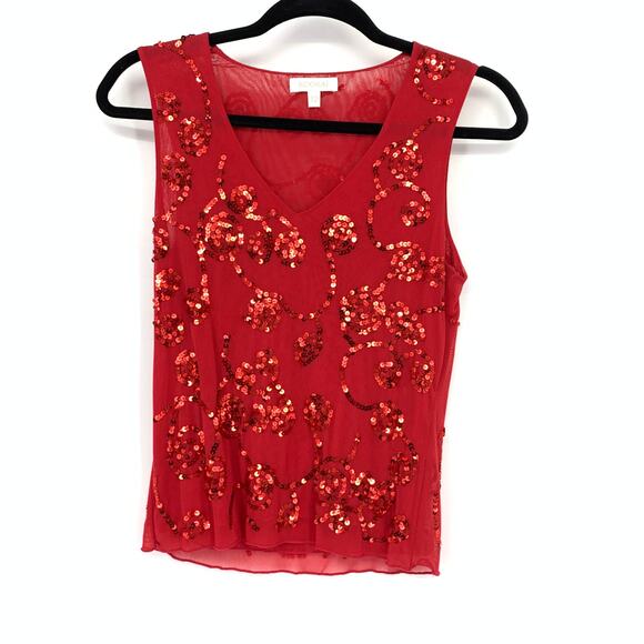 Kookai Y2K V-Neck Sleeveless Tank Top Womens Size T2 US M Mesh Red Sequin Detail - Picture 1 of 6